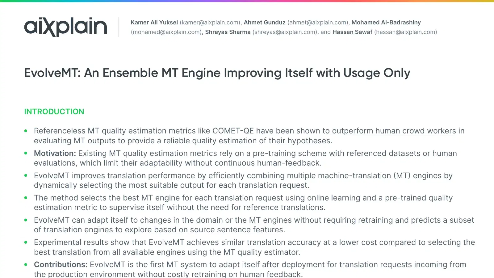 First page of the whitepaper EvolveMT: An Ensemble MT Engine Improving Itself with Usage Only
