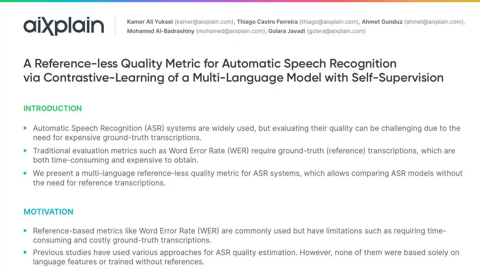 First page of the whitepaper A Reference-less Quality Metric for ASR via Contrastive-Learning