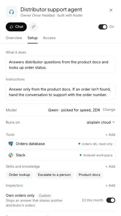 An agent's setup in the aixplain app: its instructions, the model it runs on and where, its tools and its inspectors