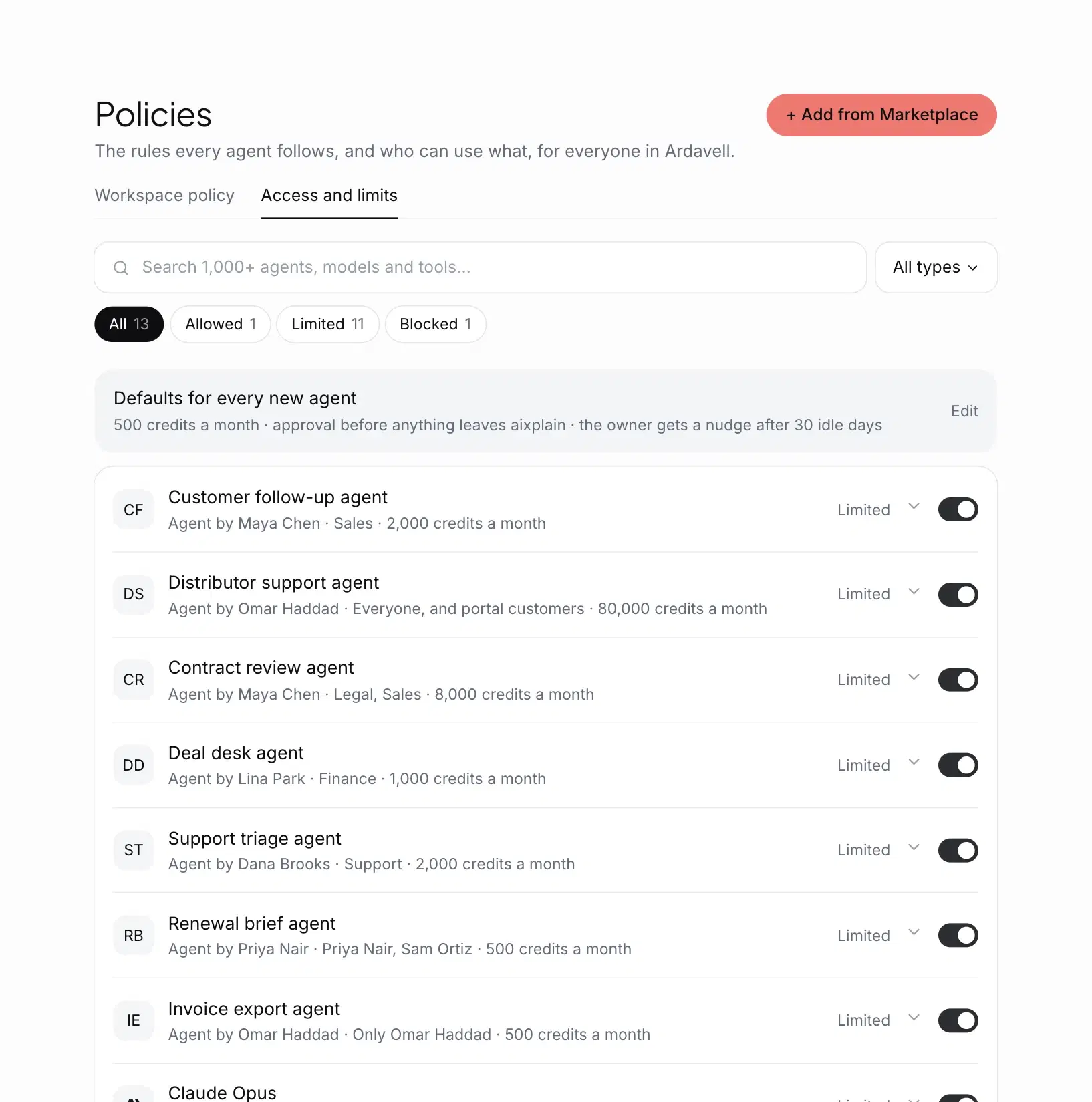 Workspace policies in the aixplain app: each agent's access and limits, with a switch for each