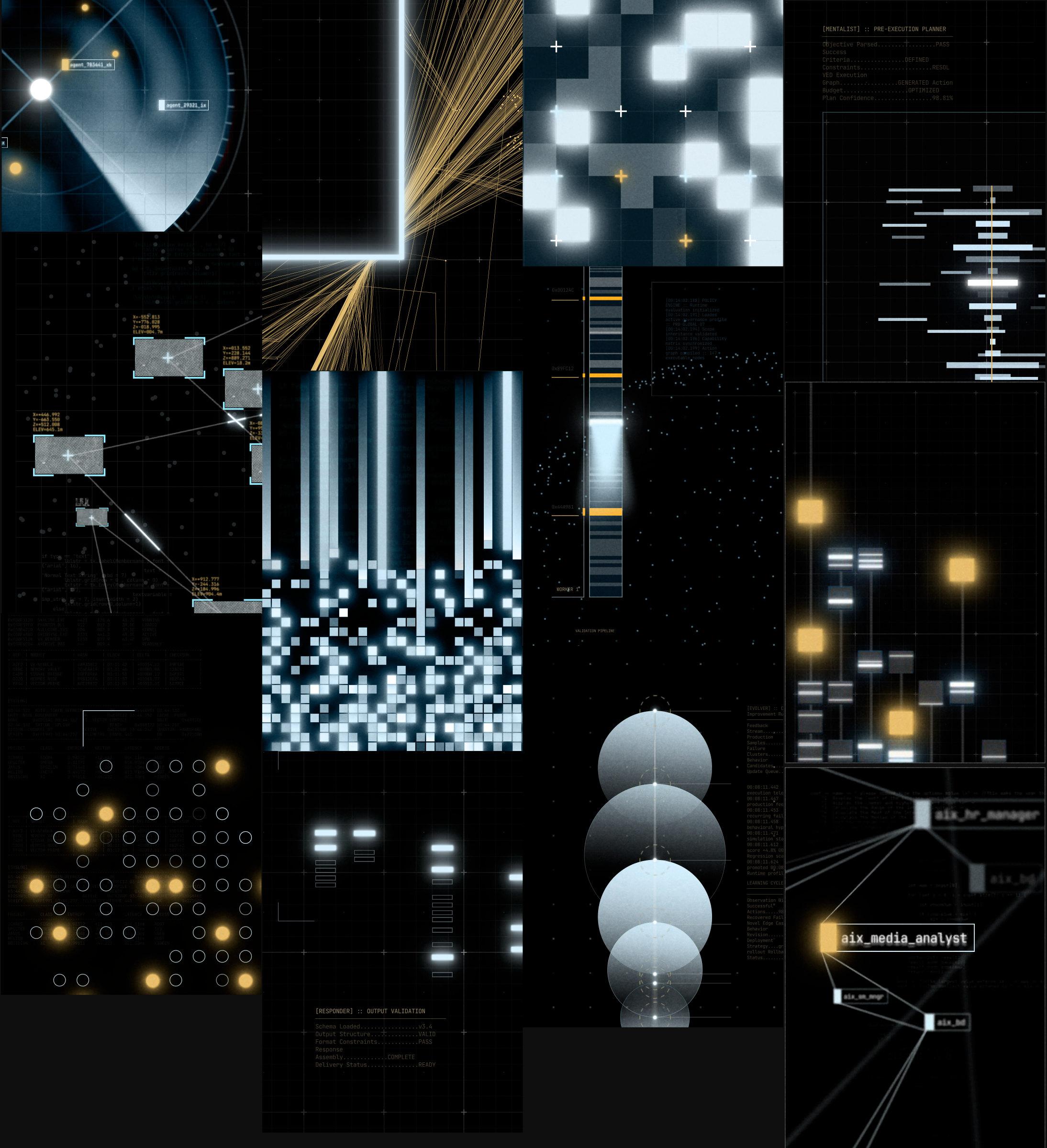 Collage of sci-fi product illustrations: glowing nodes, pixel grids, agent network diagrams and data readouts in blue and amber light