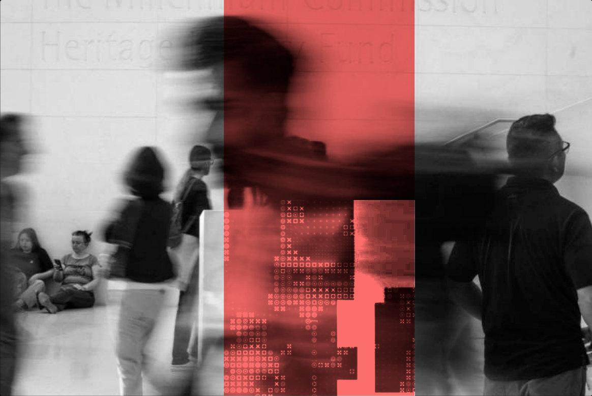 People walking through a gallery in black and white, cut by a coral window filled with ASCII pixels