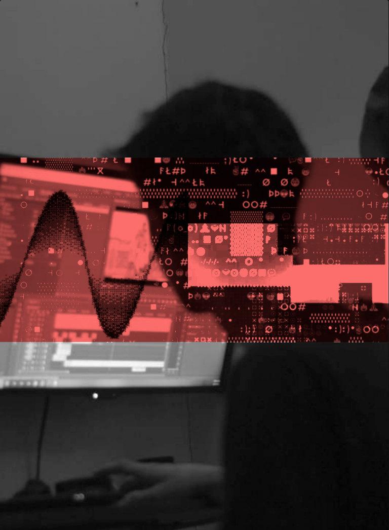 A person at a computer in black and white, with a coral band of ASCII characters and a waveform across it